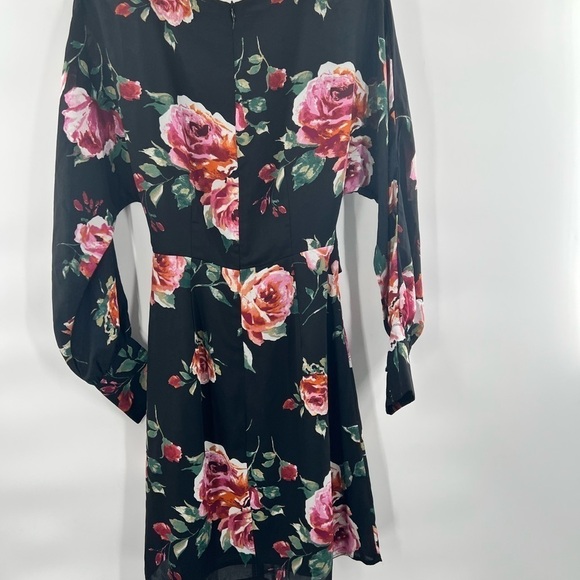 Everly Womens Pink Black Floral Long Sleeve Dress With Lace Up Waist Size S - Picture 5 of 10